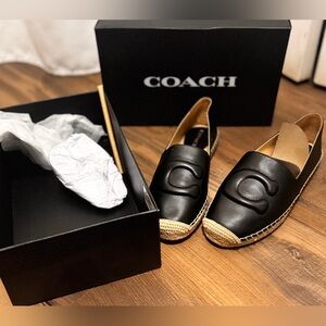 Coach Black Leather Cruz Espadrille Loafers with Natural Rope Trim